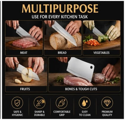 4-Piece Premium Stainless Steel Kitchen Knife Set | Chef, Bread, Utility & Cleaver Knife | Ultra Sharp Non-Slip Handle