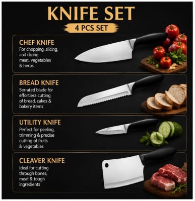 4-Piece Premium Stainless Steel Kitchen Knife Set | Chef, Bread, Utility & Cleaver Knife | Ultra Sharp Non-Slip Handle